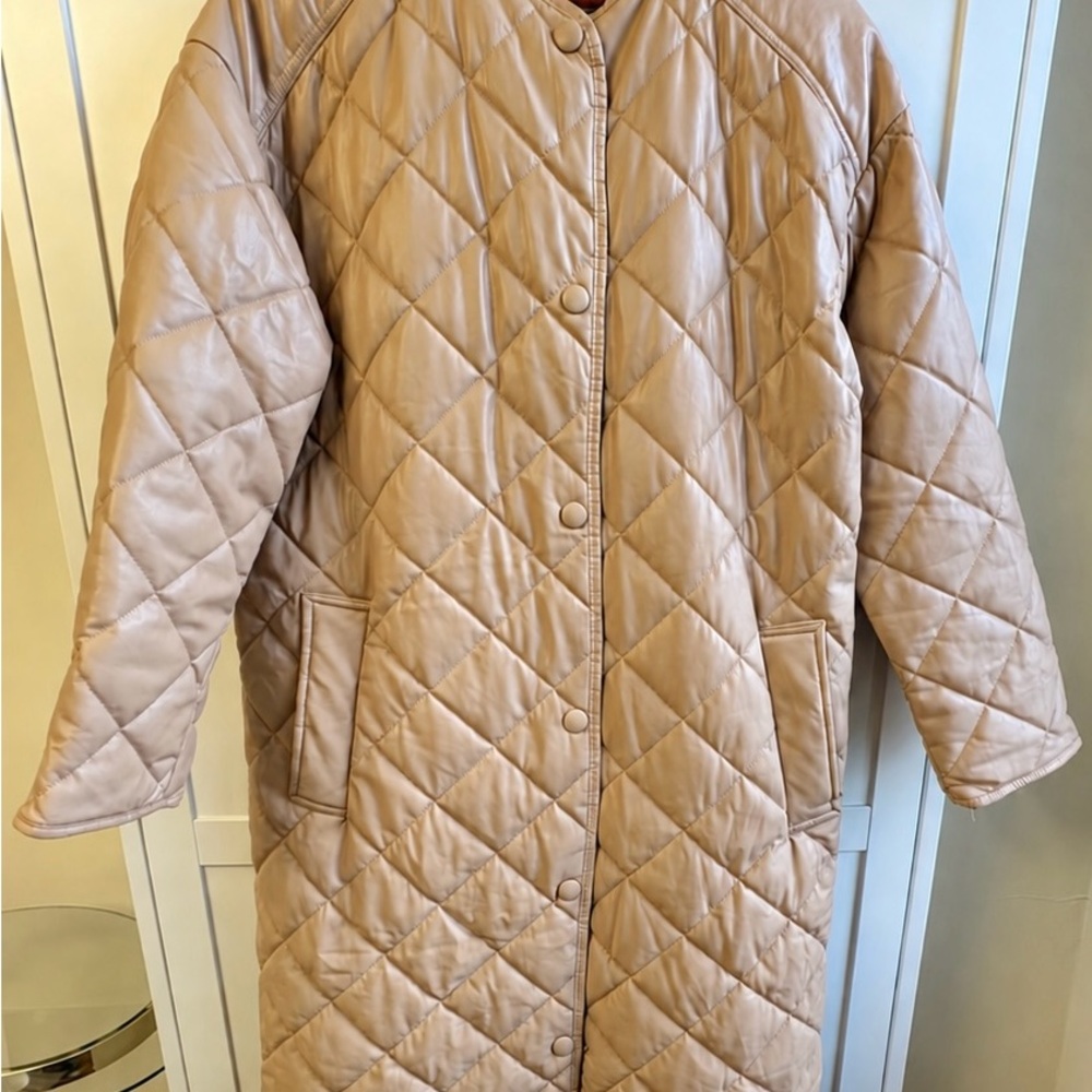 Zara Quilted Long Puffer Coat in Nude Size Medium NWOT